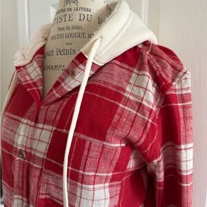 Red Plaid Hooded Shirt Jacket